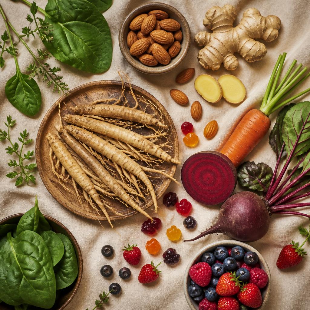 Fresh shatavari roots, ginger, beetroot and amla — POP UP whole-food ingredients